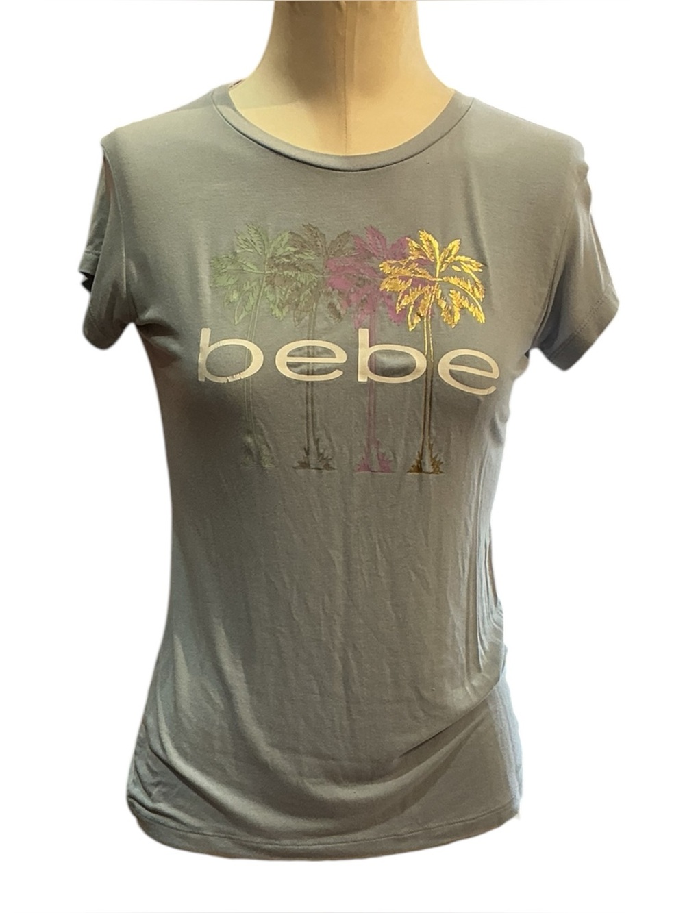 bebe Gray Tee with Multicolor Palm Graphic